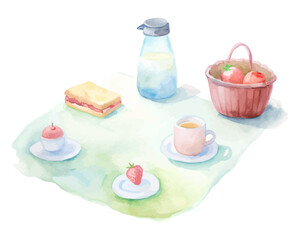 Watercolor picnic sets with food and drinks