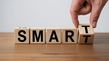 Smart Concept Wooden Blocks With Hand Rearranging Letters Representing Intelligence Knowledge Strategy And Innovation