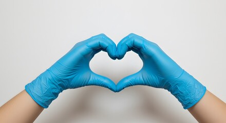 Obraz premium Blue Gloved Hands Form Heart Symbol Medical Care Love