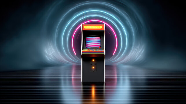 Retro arcade game machine illuminated in futuristic setting, showcasing vibrant colors and glowing background. scene evokes nostalgia and excitement for gaming enthusiasts