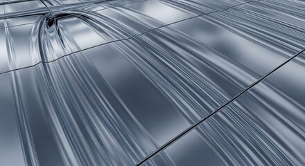 Dynamic Fluid Chrome Abstract Background: Wavy Metallic Surface with Reflective Blue-Grey Tones and Structured Lines, creating a futuristic sheen.