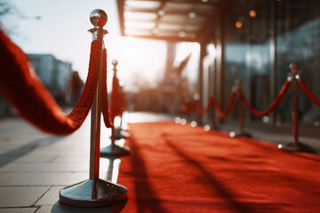 Red carpet with velvet ropes at event entrance during sunset