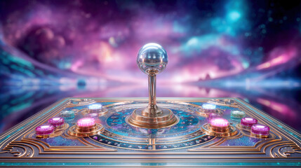 Close up view of retro arcade control panel featuring chrome joystick and colorful buttons, set against vibrant cosmic background. design evokes nostalgia and excitement for gaming enthusiasts