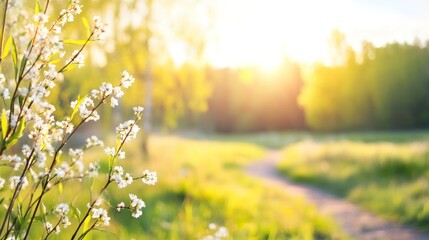 Fototapeta premium Serene Pathway under Sunlight: A sunlit pathway leads through a vibrant landscape, adorned with delicate blossoms and kissed by the warmth of the sun, evokes a sense of tranquility and hope.