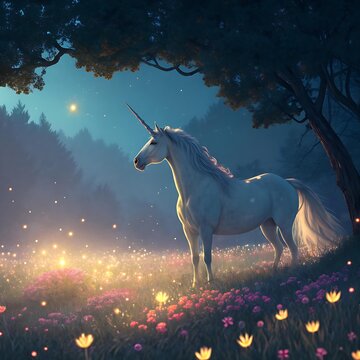 Elegant unicorn standing in sparkling meadow filled with glowing flowers under soft golden morning light, magical fantasy background illustration full of serenity and mythical beauty, high quality art