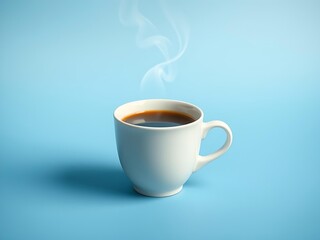 Obraz premium White ceramic coffee cup with steam rising placed on clean blue background, minimal cozy beverage illustration concept for morning coffee design, cafe branding, lifestyle artwork, and warm drink