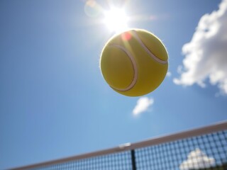 Tennis ball mid-flight just above net, motion blur and court lines visible, sunlight glinting on ball, high-quality dynamic sports illustration, clean realistic tennis action scene, minimal athletic
