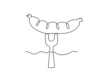 Continuous single line sketch drawing of grilled sausage with fork barbecue bbq spit skewer one line editable vector. Hand drawn one line vector. 