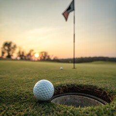 Obraz premium Golf ball hovering just above hole, flag blurred in background, putting green texture in high detail, clean high-quality sports illustration, minimal golf concept artwork, realistic isolated golf