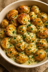 Fototapeta premium Creamy Garlic Baby Potatoes in Rustic Editorial Style