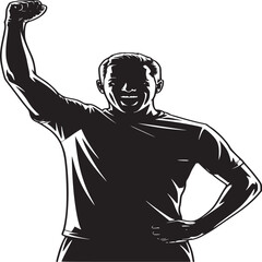 Silhouette of a man with raised fist and hand on hip expressing joy and triumph in black and white