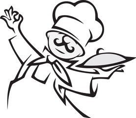 Smiling cartoon chef with a platter ready to serve delicious food