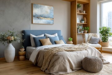Fototapeta premium Elegant contemporary bedroom with a serene blue headboard and boho touches creates a tranquil retreat in modern home design