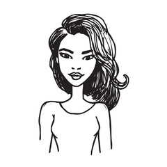 Beautiful Woman Doodle Black and White Illustration Fashion Girl Portrait Line Art Sketch Vector