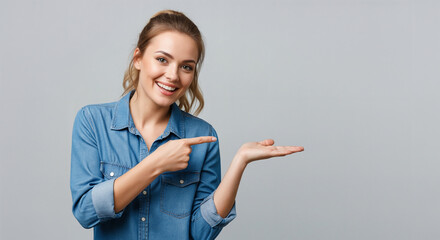 Happy smiling young Caucasian woman in a denim shirt pointing to her open palm for product placement, on a grey background with copy space