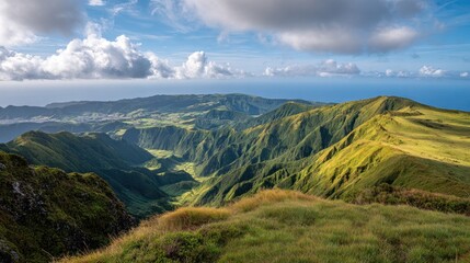 Naklejka premium Panoramic Mountain Vista: Capture the dramatic, sweeping panorama of rolling hills, vibrant green landscapes, and breathtaking sea. The scene evokes a sense of tranquility and endless exploration. 
