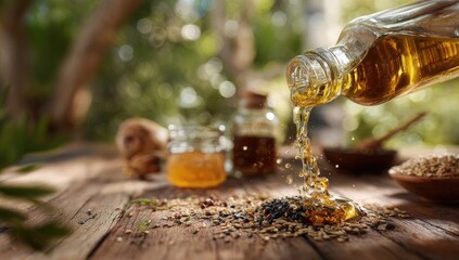 Golden oil pours from a glass bottle onto a rustic wooden table, surrounded by seeds and honey in jars, set against a blurred tropical backdrop