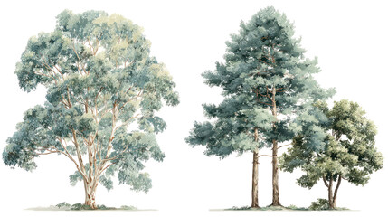 Eucalyptus tree with tall straight trunk and narrow leaves on transparent background