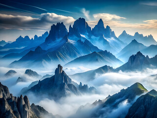 Snow-Capped Jagged Mountains Piercing Clouds in Golden Dawn Light with Ethereal Landscape View