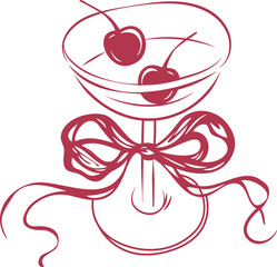 Cocktail with cherry and bow. Coquette rococo art. Coquette illustration. Rococo trendy isolated vector illustration. ideal for romantic celebration, wedding, Valentine's Day.