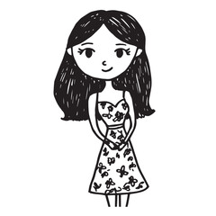 Beautiful Woman Doodle Black and White Illustration Fashion Girl Portrait Line Art Sketch Vector