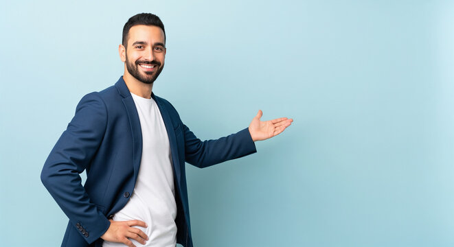 Confident handsome businessman in a blue blazer making a welcoming or presentation gesture on a blue background with copy space