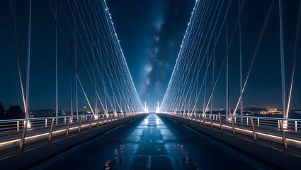 Obraz premium A Symmetrical Path to the Stars Illuminated Bridge at Night, Celestial Reflections A Futuristic Bridge Under a Starry Sky, Architectural Majesty A Cable Bridge Glowing in the Dark