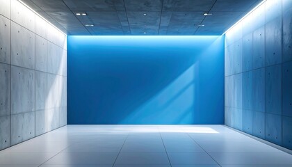 Modern minimalist interior with polished concrete flooring, metallic ceiling, recessed lighting, and a bold blue accent wall