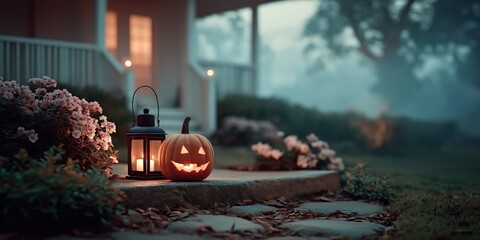 halloween pumpkin lantern on doorstep, decorations fall festive spooky seasonal, trick or treat evening house