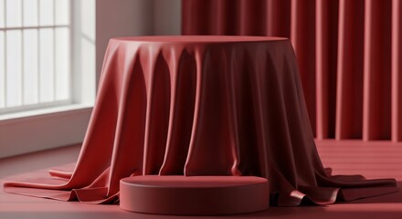 Elegant Red Fabric Draped Over Table and Pedestal, Minimalist Composition, Studio Lighting.