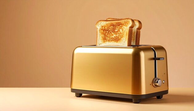 Golden toaster with two slices of evenly browned toast popping out—set against a warm beige background