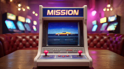 Close up of retro arcade game machine featuring vibrant screen displaying classic car racing game, surrounded by neon lights and cozy atmosphere, evoking nostalgia and excitement