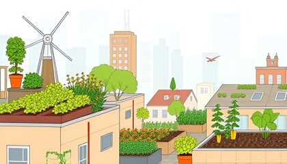 Illustration of urban agriculture initiatives such as rooftop ga