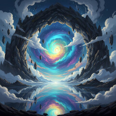 Surreal cosmic vortex portal with reflective water and dramatic clouds