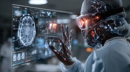 Medical Tech: Doctor Analyzing Holographic Brain Scan