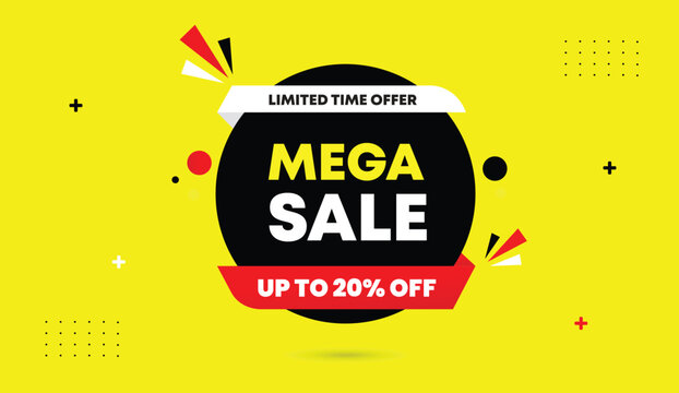 Mega sale limited time offer up to 20 percent off web banner editable template design black red light gray gradient shapes business abstract yellow background promotion discount marketing advertising 