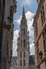 Obraz premium Spire of Town Hall Between Two Buildings in City Center. Brussels, Belgium