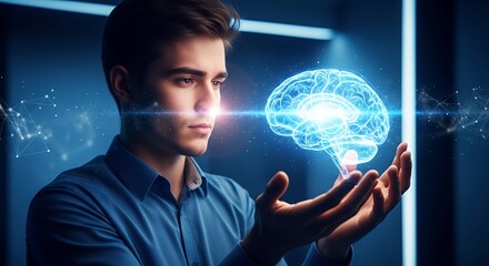 Man Contemplating Glowing Brain Hologram Intelligence, Creativity, AI