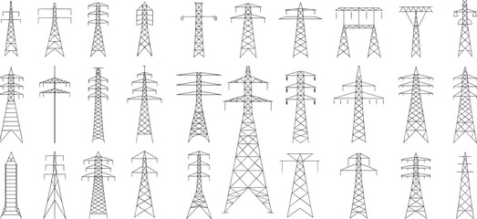 Set of electricity pylons, transmission tower designs, black and white technical illustrations, high voltage structures, electrical grid, industrial energy silhouettes