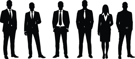 Silhouette of business professionals in formal attire, corporate team, standing together, isolated on white background, business concept, leadership symbol