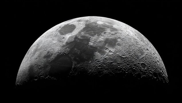 Detailed view of the moons surface with craters and shadows.