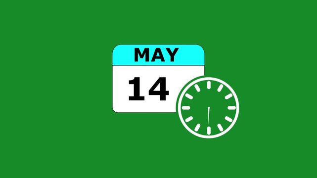 14 MAY month calendar icon with symbol. Simple calendar icon animation and date change of time month. Calendar icon Sign on GREEN background. Calendar Pendulum Animation