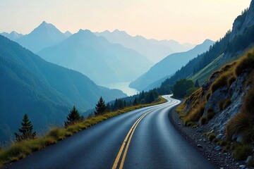 Naklejka premium A winding road disappearing into a misty mountain range, symbolizing the unknown potential and adventure of a new journey , serpentine, exploration