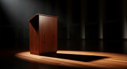 Elegant Wooden Podium Bathed in Dramatic Spotlight on Dark Stage, Casting Long Shadow
