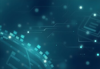 Abstract digital circuit board graphic design with glowing elements and interconnected lines.