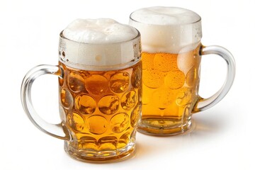 Two German beer mugs filled with golden beer and foam on white background