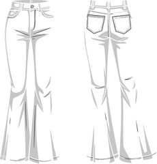 Flared Jeans Flat Fashion Sketch Front and Back View for Technical Garment Design, Apparel Illustration, and Vector Template