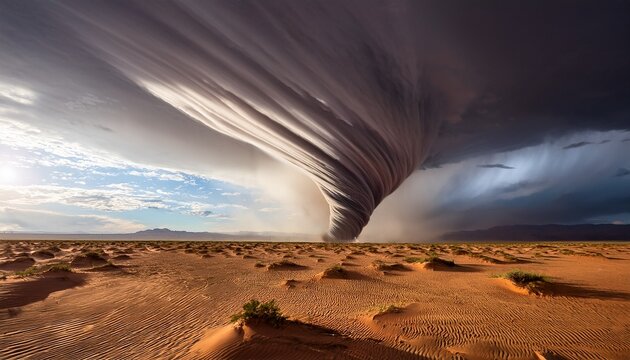 a huge tornado ready to destroy everything it goes is spinning in the empty desert with erratic weather