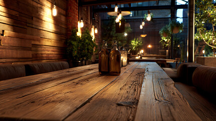 rustic wooden table in warm restaurant interior ideal for food product showcase cozy dining setup inviting decor and welcoming hospitality atmosphere