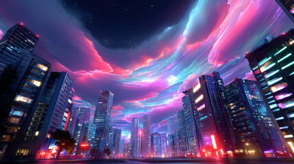 Obraz premium Futuristic urban skyline featuring vibrant neon colors and dramatic cloud formations, creating surreal atmosphere in vaporwave city. scene evokes sense of wonder and excitement